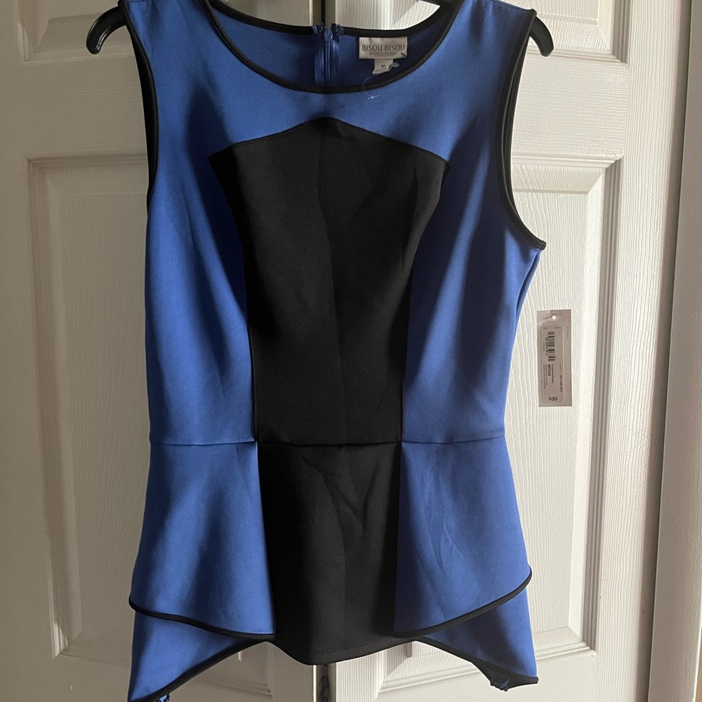 Bisou Bisou Peplum Asymmetrical Blue and Black Blouse Sleeveless
